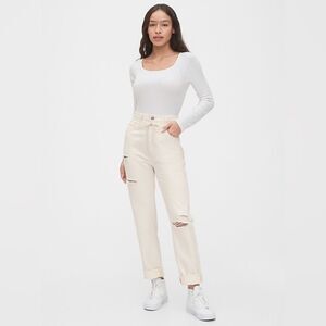 New GAP Off White Boyfriend High Rise Drawcord Distressed Jeans Size 10/30